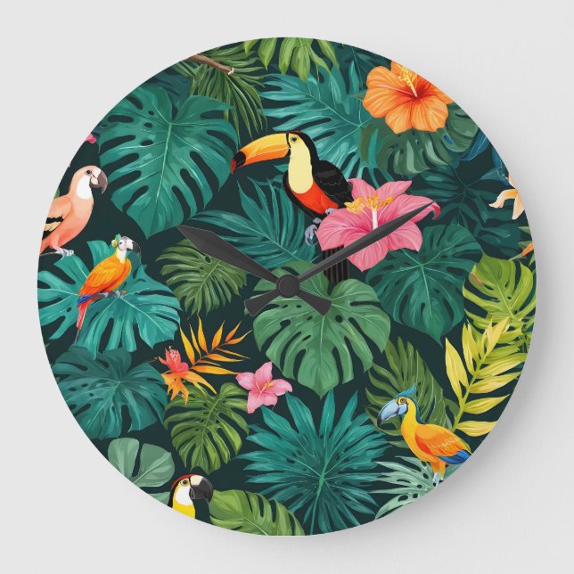 Tropical Paradise Jungle Pattern Large Clock (Front)