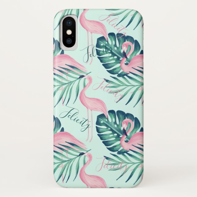 Tropical Paradise Palm Leaf & Pink Flamingo Name Case-Mate iPhone Case (Back)