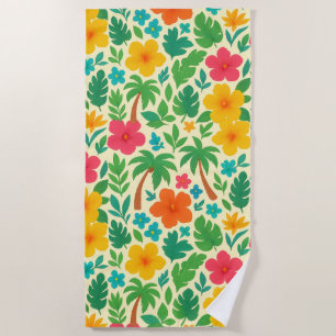 Tropical Paradise – Palm Leaves & Hibiscus Pattern Beach Towel