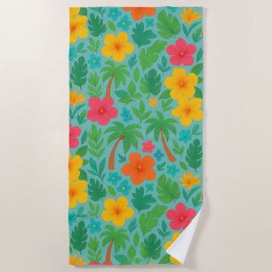 Tropical Paradise – Palm Leaves & Hibiscus Pattern Beach Towel