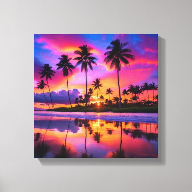 Tropical Paradise: Palm Trees at Sunset Canvas Print (Front)