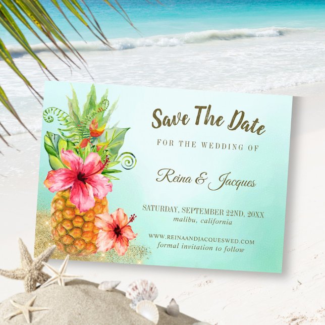 Tropical Paradise Pineapple Floral Bouquet Wedding Save The Date (Creator Uploaded)