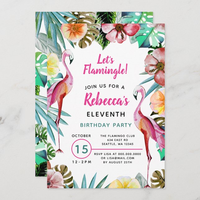 Tropical Paradise Pink Flamingo Birthday Invitation (Front/Back)
