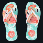 Tropical Paradise Pink Flamingos with Monogram Jandals<br><div class="desc">Escape to paradise in these fun and fashionable flip flops featuring watercolor pink flamingos with a palm patterned background in Caribbean aqua. Edit the sample monogram with your desired initials. These make great gifts for bridesmaids, friends, or yourself. They're also a nice idea for out-of-town wedding guests at beach or...</div>