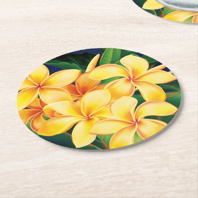 Tropical Paradise Plumeria Hawaiian Round Paper Coaster (Angled)
