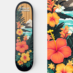 Tropical Paradise Sea Beach & Flowers Art Skateboard
