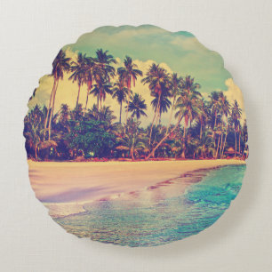 Tropical paradise: sea, hotel, beach. round cushion