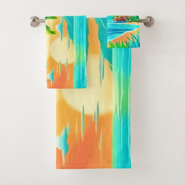 Tropical Paradise Sunset Coastline View Bath Towel Set (Insitu)