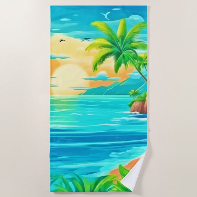 Tropical Paradise Sunset Coastline View Beach Towel (Front)