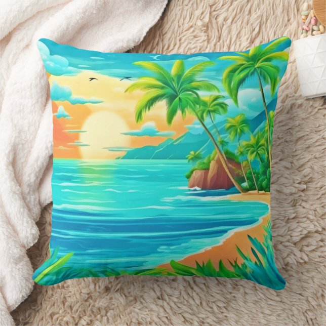 Tropical Paradise Sunset Coastline View Cushion (Blanket)