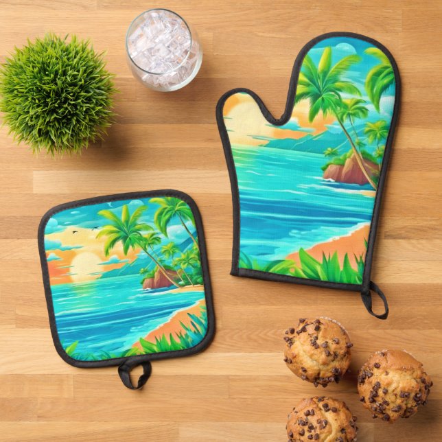 Tropical Paradise Sunset Coastline View Oven Mitt & Pot Holder Set (Top Down)
