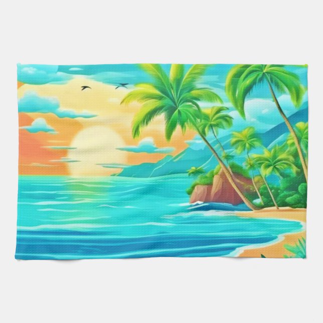 Tropical Paradise Sunset Coastline View Tea Towel (Horizontal)