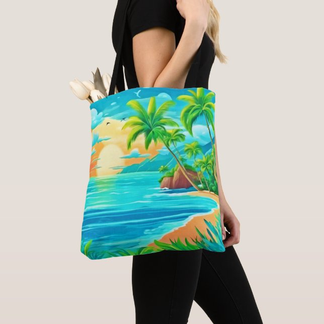 Tropical Paradise Sunset Coastline View Tote Bag (Close Up)