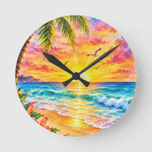 Tropical Paradise Sunset Watercolor Beach Art Round Clock
