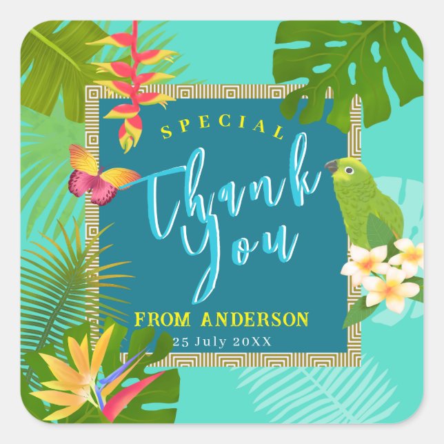 Tropical Paradise Thank You Teal Square Sticker (Front)