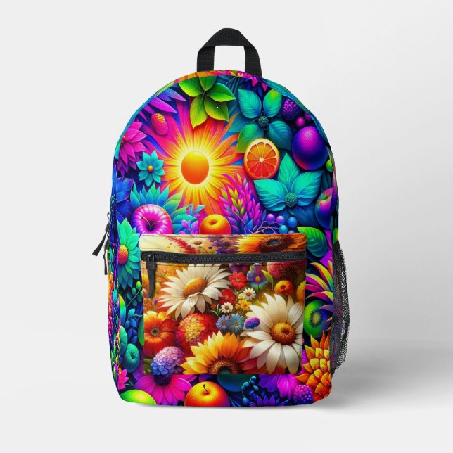 Tropical Paradise: Vibrant Fruit & Flower Fusion Printed Backpack (Front)