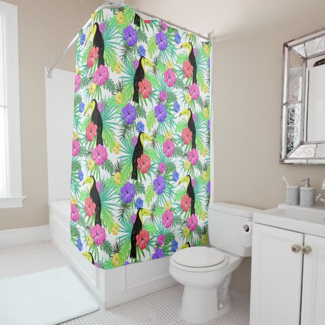 Tropical Paradise with Flowers & Parrot Shower Curtain (In Situ)