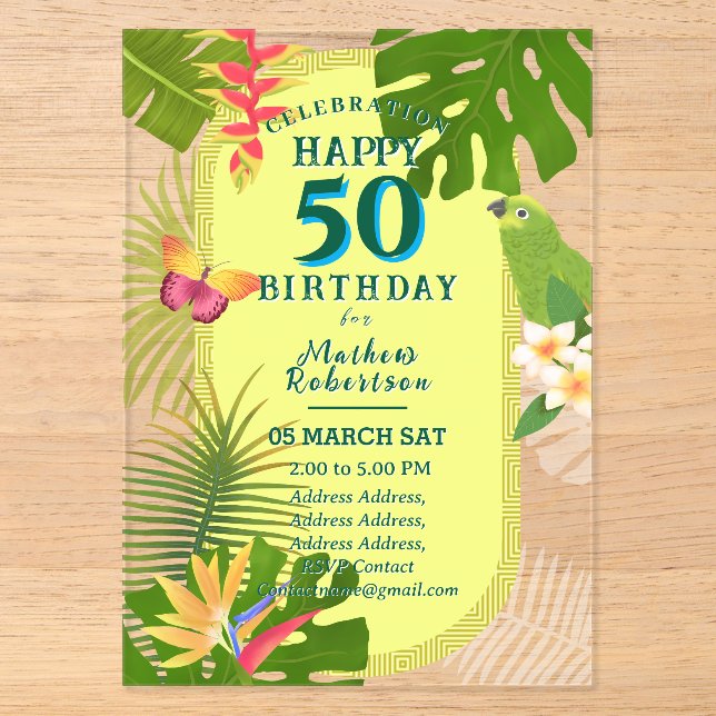 Tropical Paradise Yearly 50th Birthday  Acrylic Invitations (Front)