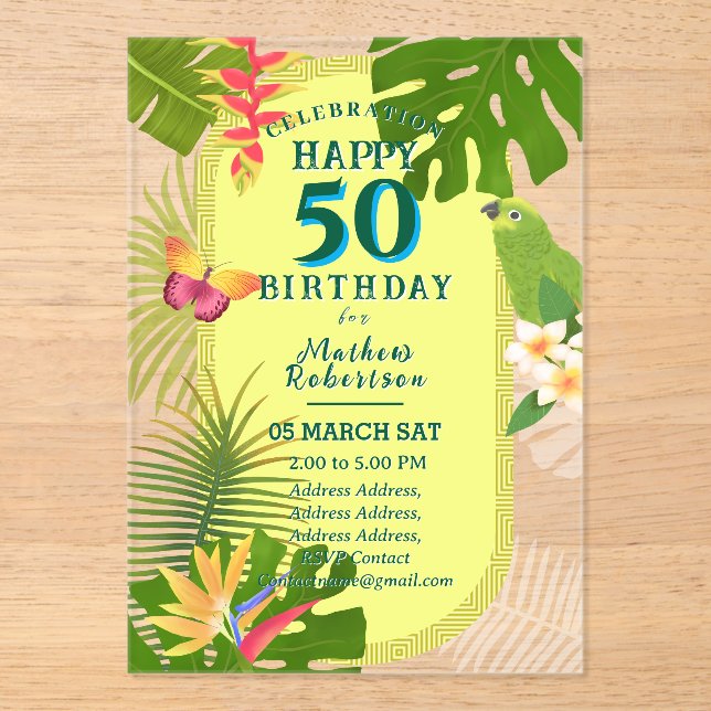 Tropical Paradise Yearly Birthday  Acrylic Invitations (Front)