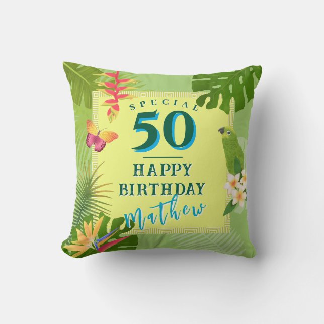 Tropical Paradise Yearly Birthday Green Cushion (Front)