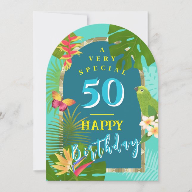 Tropical Paradise Yearly Teal Birthday Card (Front)
