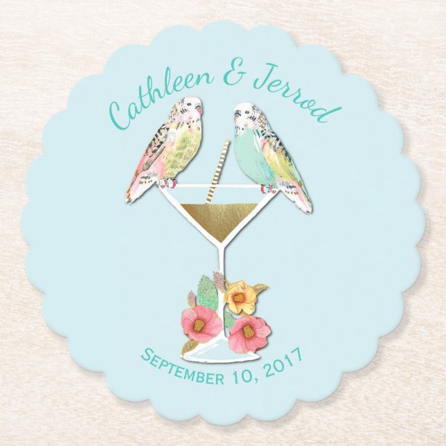Tropical Parakeets Wedding Favour Paper Coasters (Front)