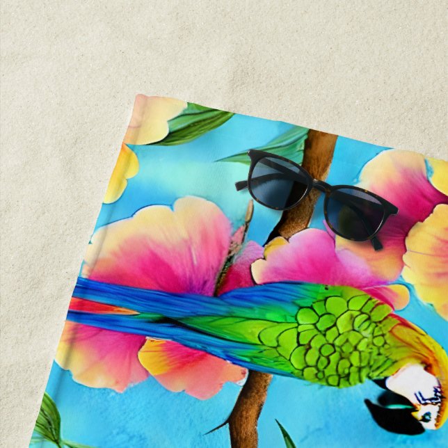 Tropical Parrot and Flower Pattern  Beach Towel (In Situ)