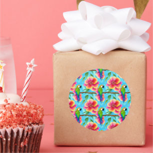 Tropical Parrot and Flower Pattern  Classic Round Sticker