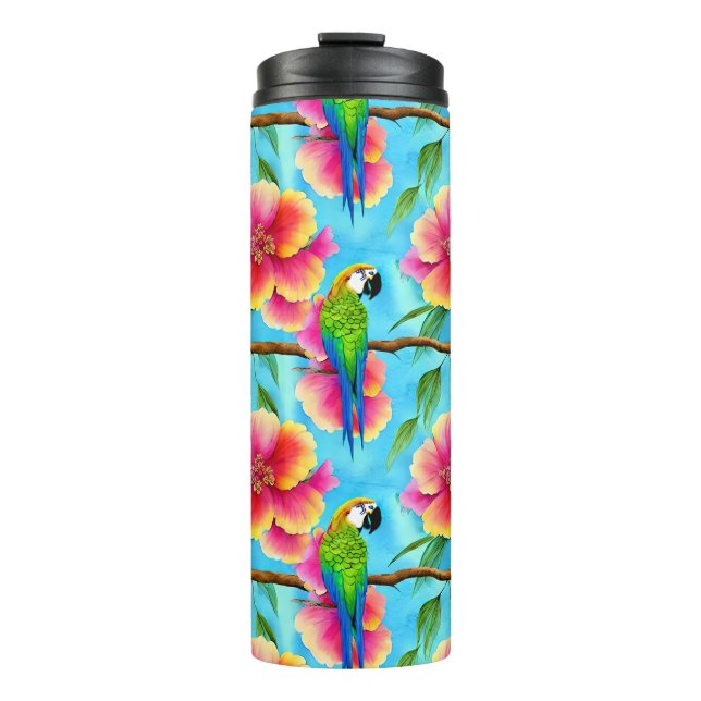 Tropical Parrot and Flower Pattern  Thermal Tumbler (Front)