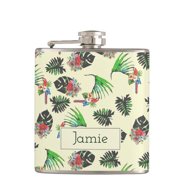 Tropical Parrot and Leaves Watercolor Pattern  Hip Flask (Front)