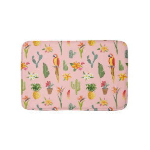 Tropical Parrot, Cactus Vintage Pattern. Bath Mat
