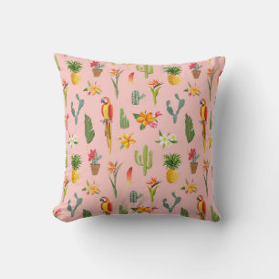 Tropical Parrot, Cactus Vintage Pattern. Cushion