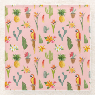 Tropical Parrot, Cactus Vintage Pattern. Glass Coaster