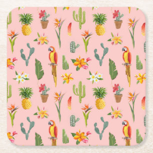 Tropical Parrot, Cactus Vintage Pattern. Square Paper Coaster