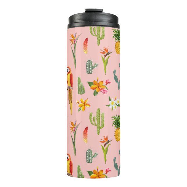 Tropical Parrot, Cactus Vintage Pattern. Thermal Tumbler (Front)