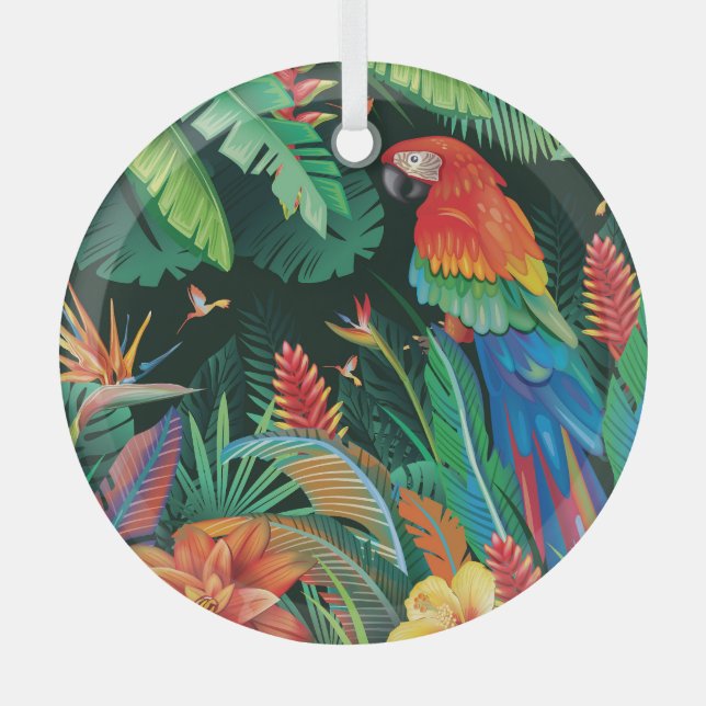 Tropical Parrot: Exotic Floral Background. Glass Tree Decoration (Front)