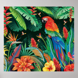 Tropical Parrot: Exotic Floral Background. Poster