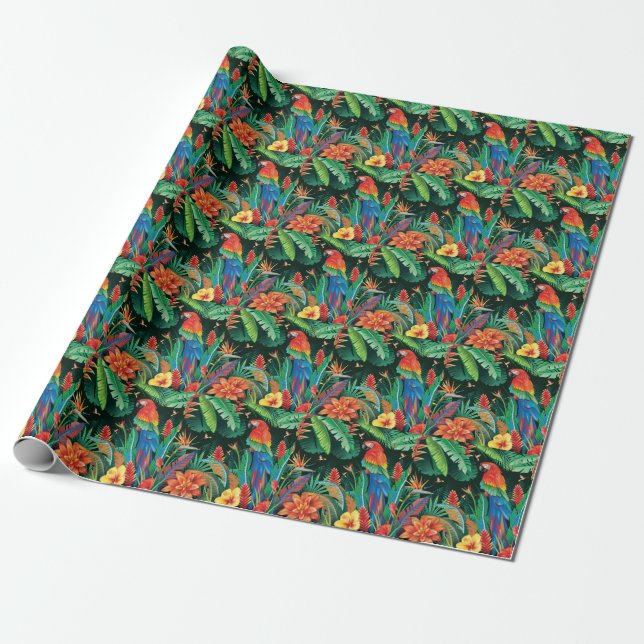 Tropical Parrot: Exotic Floral Background. Wrapping Paper (Unrolled)