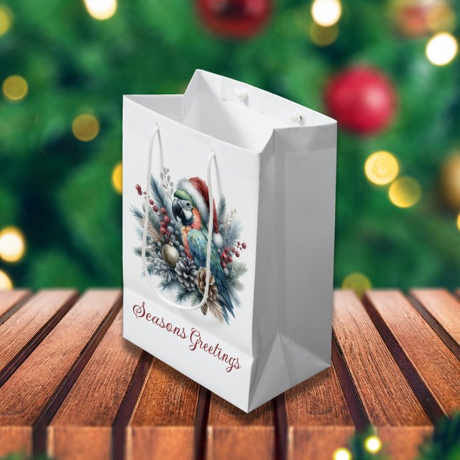 Tropical Parrot Seasons Greetings Christmas  Medium Gift Bag (Creator Uploaded)