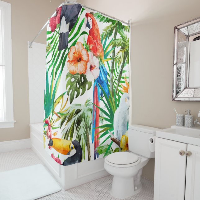Tropical parrot shower curtain (In Situ)