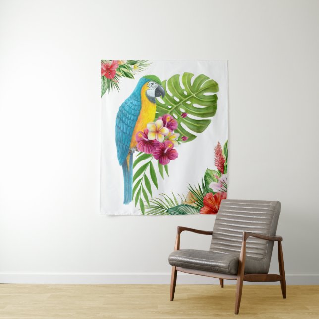 Tropical Parrot Wall Tapestry – Vibrant Jungle Dec (In Situ)