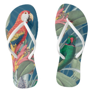 Tropical Parrots and Floral Dark Blue Jandals