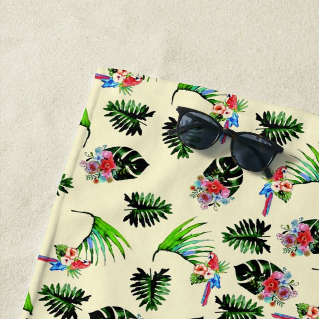 Tropical Parrots and Floral Pattern Beach Towel (In Situ)