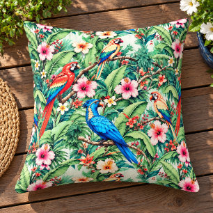 Tropical Parrots and Hibiscus in the Jungle Cushion