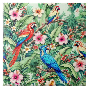Tropical Parrots and Hibiscus in the Jungle Tile