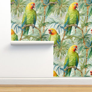 Tropical Parrots Birds Jungle Palm Leaves Wallpaper