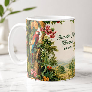 Tropical Parrots Cacao Flower Watercolor Name Est. Coffee Mug