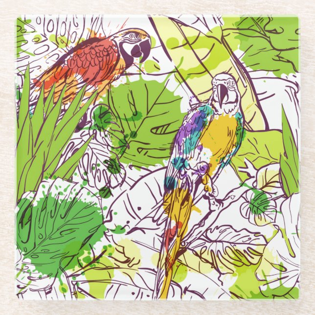 Tropical Parrots Glass Coaster (Front)