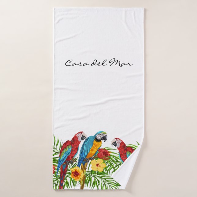 Tropical parrots leaves summer house name white bath towel set (Bath Towel)