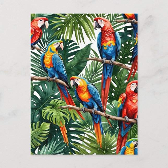 Tropical Parrots Postcard – Jungle Leaves hibiscus (Front)